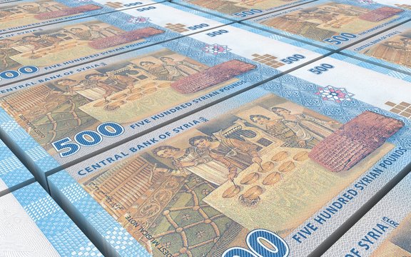 Syrian pounds bills stacks background. 3D illustration.
