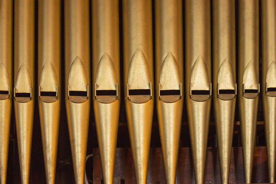 Close up of the gold pipes of a pipe organ; Northumberland, England