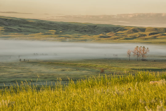 Sunrise with fog in the valleys, Grasslands National Park; Saskatchewan, Canada