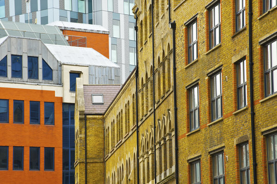 Buildings with a variety of facades, Spitalfields; London, England