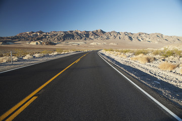 Amargosa Range and Hwy 190, near east entrance to Death Valley near town of Pahrump, Death Valley National Park; California, United States of America