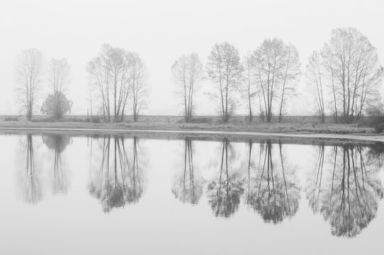 Fog descends on the Alouette River; Pitt Meadows, British Columbia, Canada