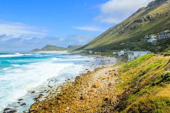 Scenic landscape of the Atlantic coast. Scarborough village in Cape Peninsula, South Africa. Scenic drive, main road to Cape of Good Hope.