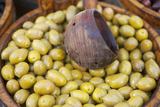 Green Olives For Sale At Borough Market; London, England