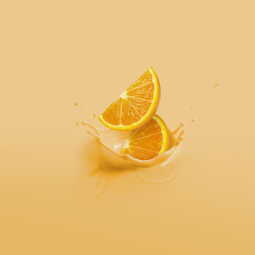 Orange slices splashing into orange liquid; Toronto, Ontario, Canada