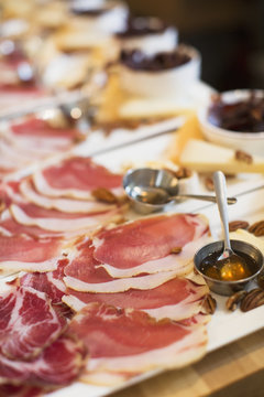 Meat, honey, cheese, and pecan trays; Toronto, Ontario, Canada