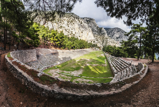 Ruins of a racing track and seating; Delphi, Greece