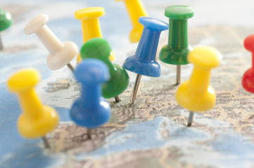 Close up Colored Pins on European Map