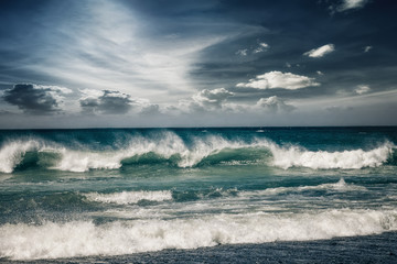 Fototapeta premium Stormy ocean landscape with rainy clouds