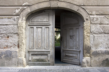 Fototapeta na wymiar Old grey double doors with arch