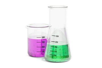 Set of flasks with colored liquid, 3D rendering