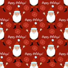 Happy Holidays pattern with Santa Claus. Christmas pattern on a red background. 