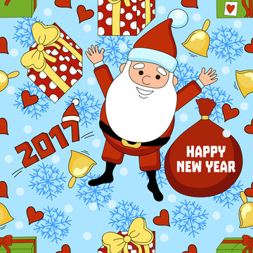 Christmas funny cartoon pattern with Santa Claus, a gift, a bell, snowflake, hearts and a bag with gifts. New Year pattern on a blue background.