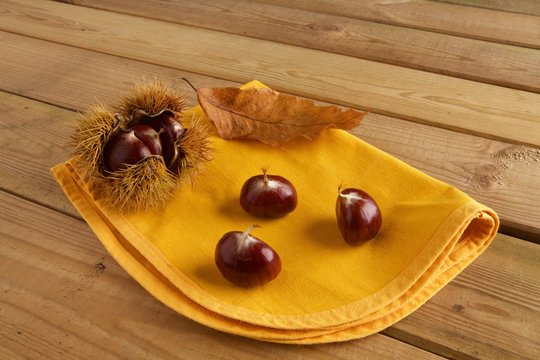 Castane con riccio e foglia di castagno su tovagliolo giallo