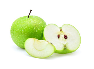 Drop of water green apple on white background