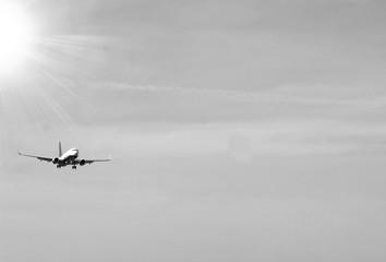 Airplane during landing with beautiful sky