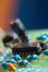 Electronic components on circuit board.