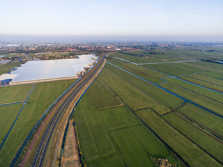 Aerial view of greenhouse in fields Netherlands