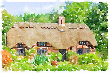 Digital watercolor painting of a lovely picture postcard quintessentially English thatched cottage in the New Forest in the UK on a sunny day. Picture taken from a public place. - 124297711