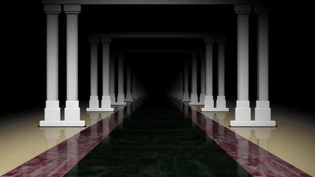 A loopable continuous camera tracking movement that goes through a dramatically lit corridor of classical columns.