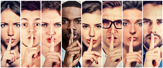 Group of people men women with finger on lips gesture - obrazy, fototapety, plakaty