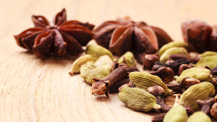 Spices cardamom anise stars and cloves