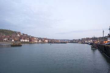 Whitby lower harbour at sunset