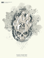 Background for poster in grunge style with skull in flame. Grunge print for t-shirt. Abstract texture background.
