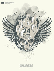 Background for poster in grunge style with skull in flame. Grunge print for t-shirt. Abstract texture background.