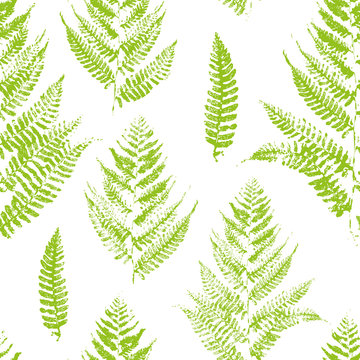 Seamless pattern with paint prints of fern leaves 