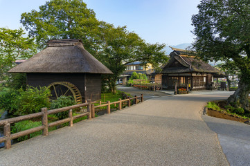 Fototapeta na wymiar Oshino Hakkai historic village with traditional farmhouses. Japa
