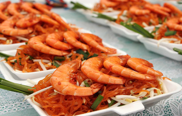 padthai with shirmps (Thai style noodles) in foam food box 
