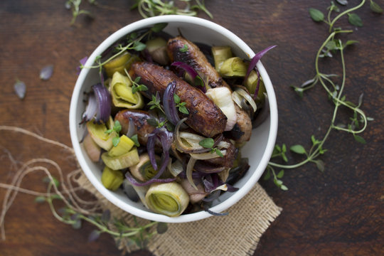 Sausage, Leek, Red Onion & Thyme in a bowl