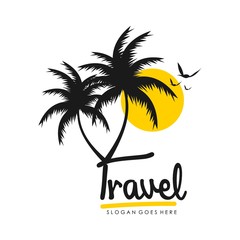 Travel and tour agency vector logo design. Beach, Sea, City, Temple, MountainHorizon