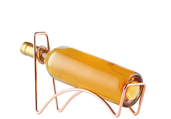 White wine bottle  on a metal wine rack