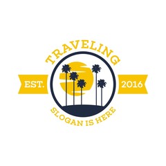 Travel and tour agency vector logo design. Beach, Sea, City, Temple, MountainHorizon