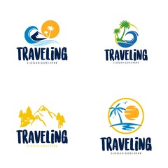Fototapeta na wymiar Travel and tour agency vector logo design. Beach, Sea, City, Temple, MountainHorizon