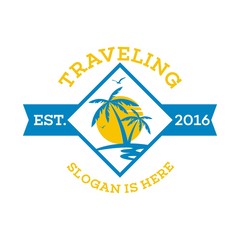 Fototapeta na wymiar Travel and tour agency vector logo design. Beach, Sea, City, Temple, MountainHorizon