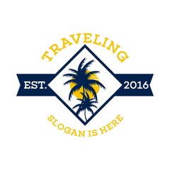 Obraz premium Travel and tour agency vector logo design. Beach, Sea, City, Temple, MountainHorizon