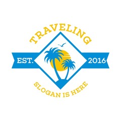 Travel and tour agency vector logo design. Beach, Sea, City, Temple, MountainHorizon