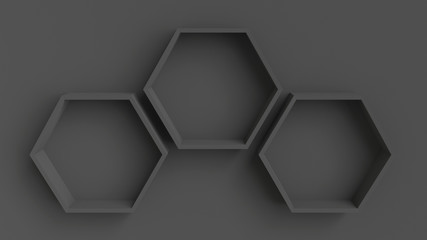 Empty dark hexagons shelves on dark wall background, 3D rendering
