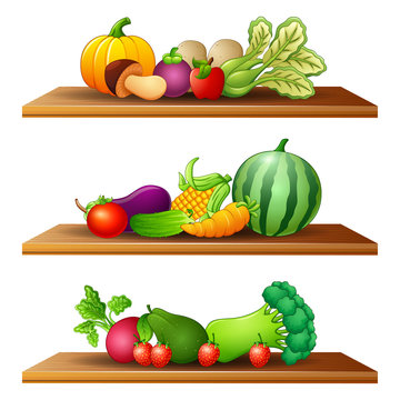 Illustration of different kinds of fruits and vegetable in the wooden shelves 