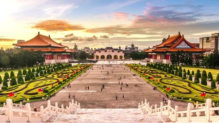 4K Timelapse from Day to Night ofNational Theater, Concert Hall, front gate and huge square at the Chiang Kai-shek Memorial Hall in Taipei, Taiwan 