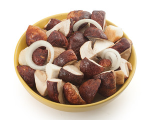 Pieces of white mushrooms in the bowl