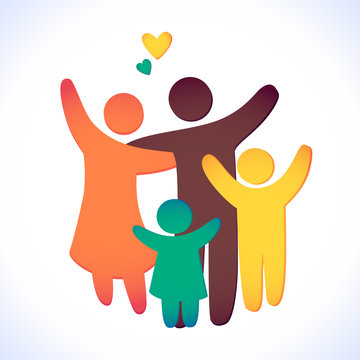 Happy family icon multicolored in simple figures. two children, dad and mom stand together. Vector can be used as logotype