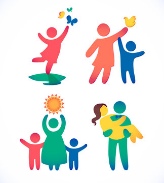 Happy family icon multicolored in simple figures set. Children, dad and mom stand together.  Vector can be used as logotype