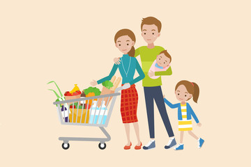 Obraz premium Woman holding shopping cart. Young parents, mother and father with their daughter and baby.