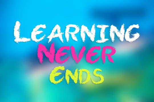 LEARN NEVER ENDS card on blurred blue background