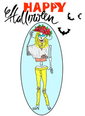 Human skeleton with fashionable clothes. Los muertos. Halloween skull Queen of the Damned. Vector illustration. Happy Halloween lettering