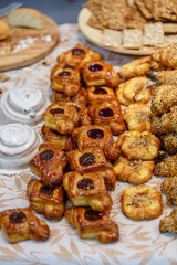 Sweet buns are on the counter for confectionery shop. Actually,